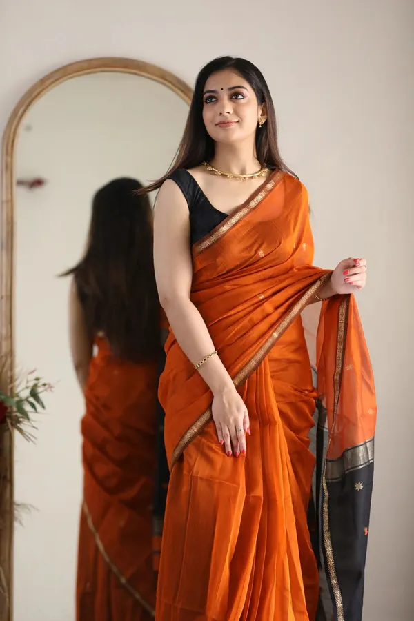 Pure_Soft_Cotton_Orange_And_Black_Premium-Fancy_Saree_With_Blouse_For_Women
