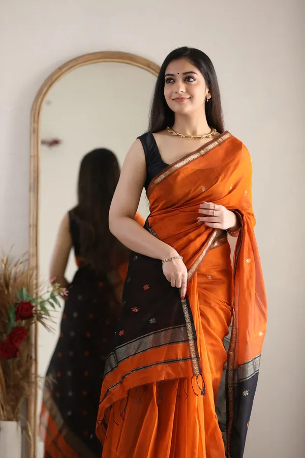 Pure_Soft_Cotton_Orange_And_Black_Premium-Fancy_Saree_With_Blouse_For_Women