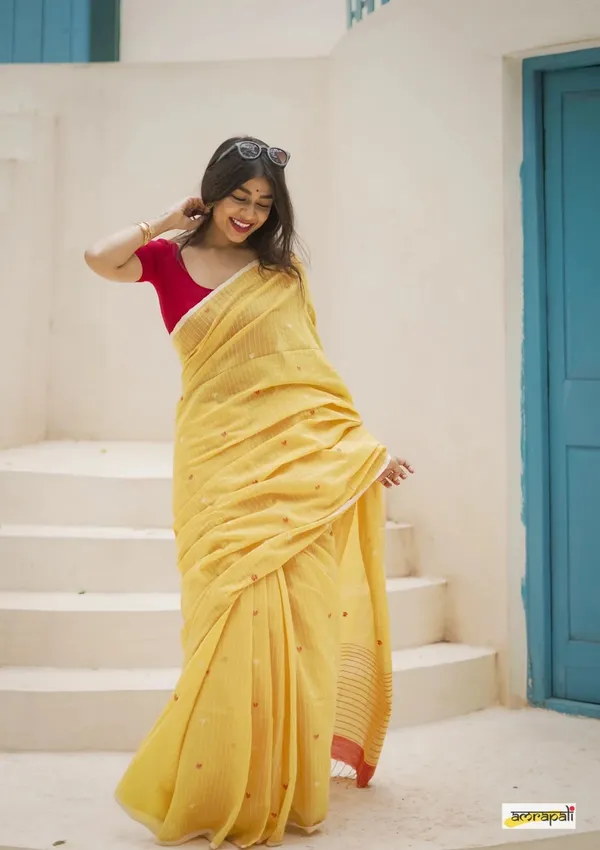 Pure_Soft_Cotton_YELLOW_Premium-Fancy_Saree_With_Blouse_For_Women