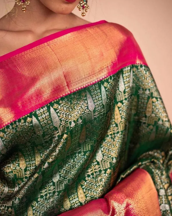 Banarasi_Soft_Silk_BOTTLE-GRREN-RANI_Premium-Fancy_Saree_With_Blouse_For_Women