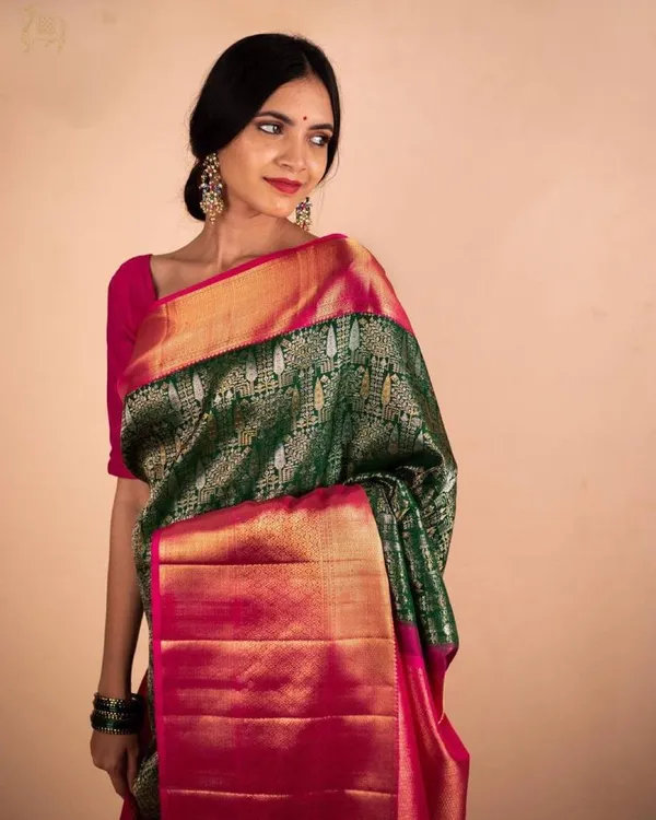 Banarasi_Soft_Silk_BOTTLE-GRREN-RANI_Premium-Fancy_Saree_With_Blouse_For_Women