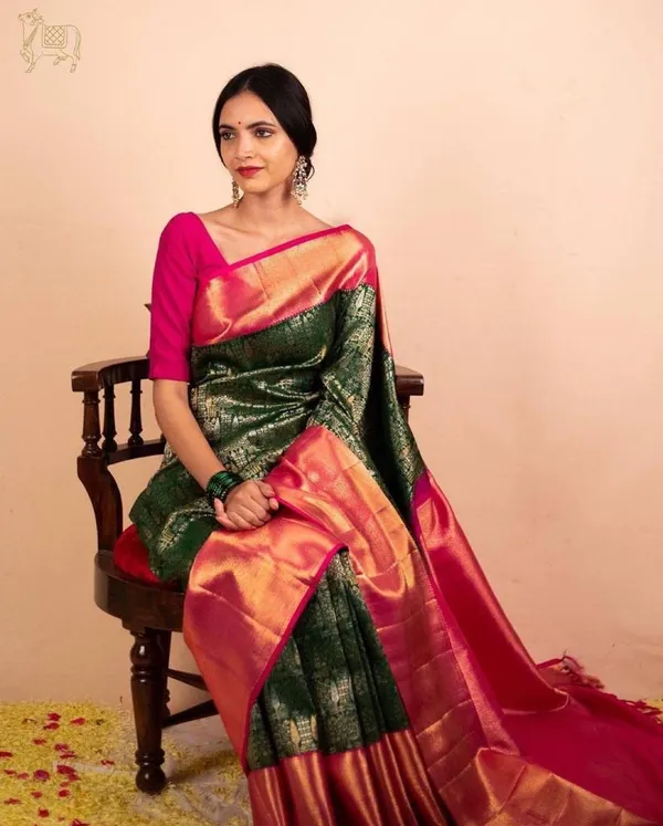 Banarasi_Soft_Silk_BOTTLE-GRREN-RANI_Premium-Fancy_Saree_With_Blouse_For_Women