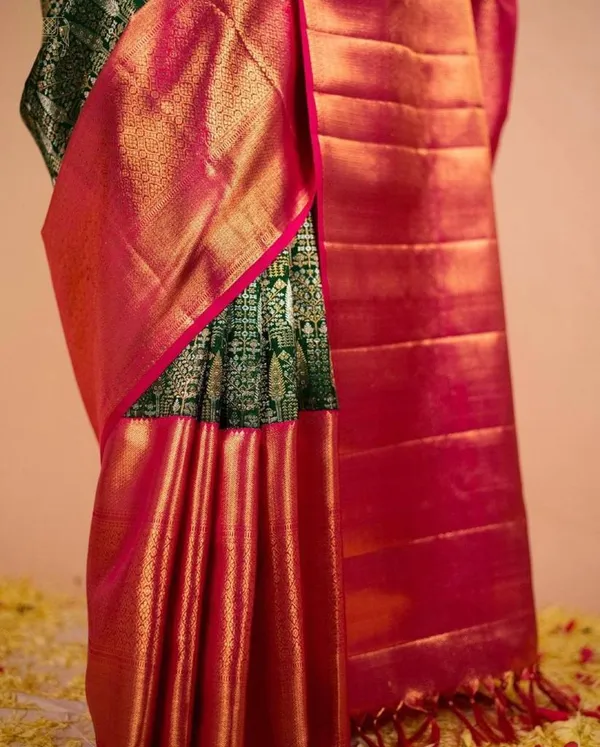 Banarasi_Soft_Silk_BOTTLE-GRREN-RANI_Premium-Fancy_Saree_With_Blouse_For_Women