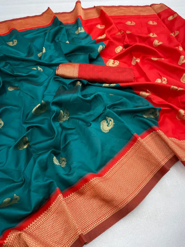 Banarasi_Soft_Silk_GREEN-RED_Premium-Fancy_Saree_With_Blouse_For_Women
