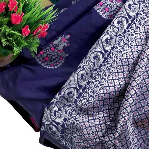 Pure_Soft_Litchi_Silk_BLUE_Premium-Fancy_Saree_With_Blouse_For_Women