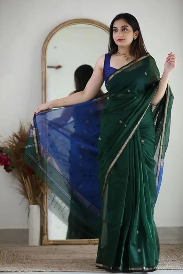 Pure_Soft_Cotton_Green_And_And_Blue_Premium-Fancy_Saree_With_Blouse_For_Women