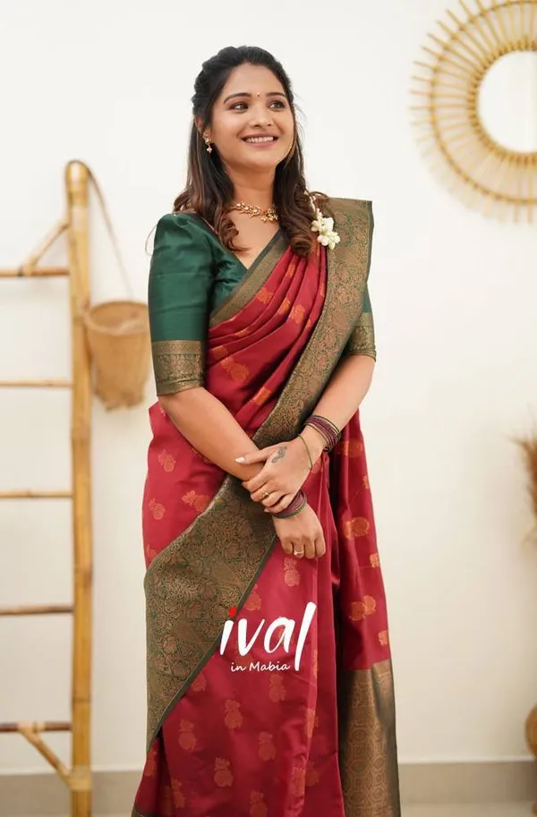 Banarasi_Soft_Silk_RED-BOTTLE-GREEN_Premium-Fancy_Saree_With_Blouse_For_Women