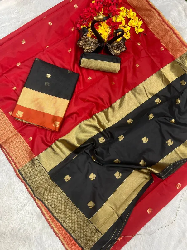 Banarasi_Soft_Silk_RED-BLACK_Premium-Fancy_Saree_With_Blouse_For_Women