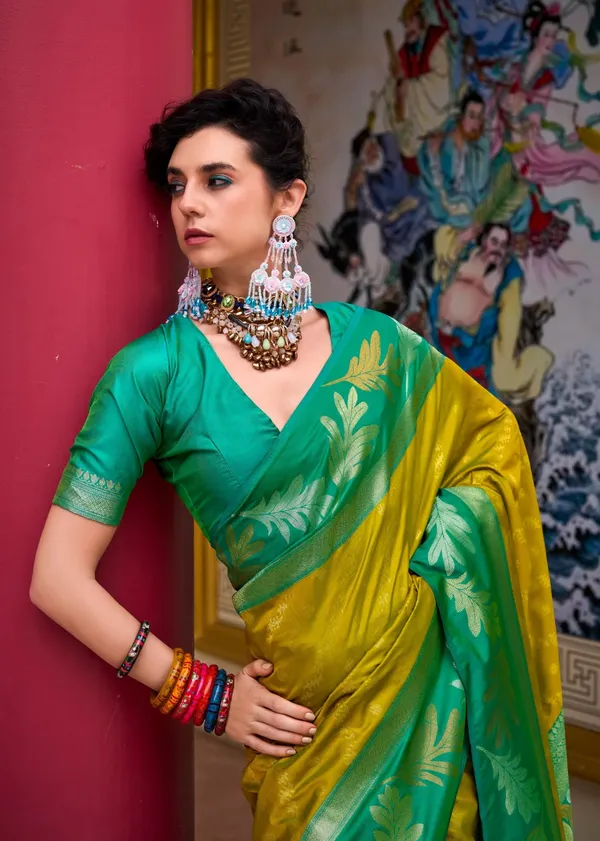 Banarasi_Soft_Silk_YELLOW-PARROT_Premium-Fancy_Saree_With_Blouse_For_Women