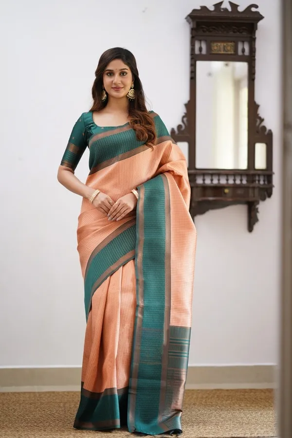 Banarasi_Soft_Silk_PEACH-BOTTLE-GREEN_Premium-Fancy_Saree_With_Blouse_For_Women