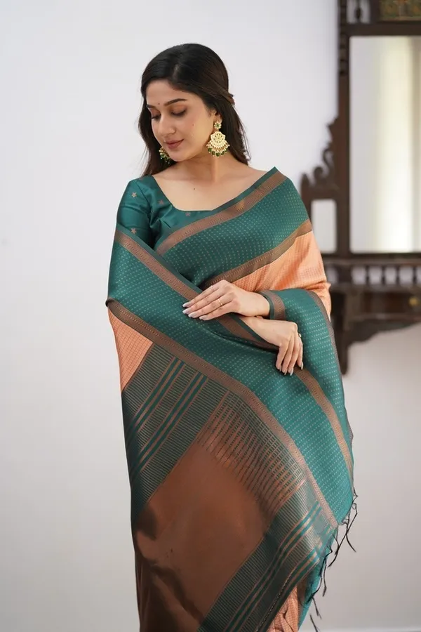 Banarasi_Soft_Silk_PEACH-BOTTLE-GREEN_Premium-Fancy_Saree_With_Blouse_For_Women