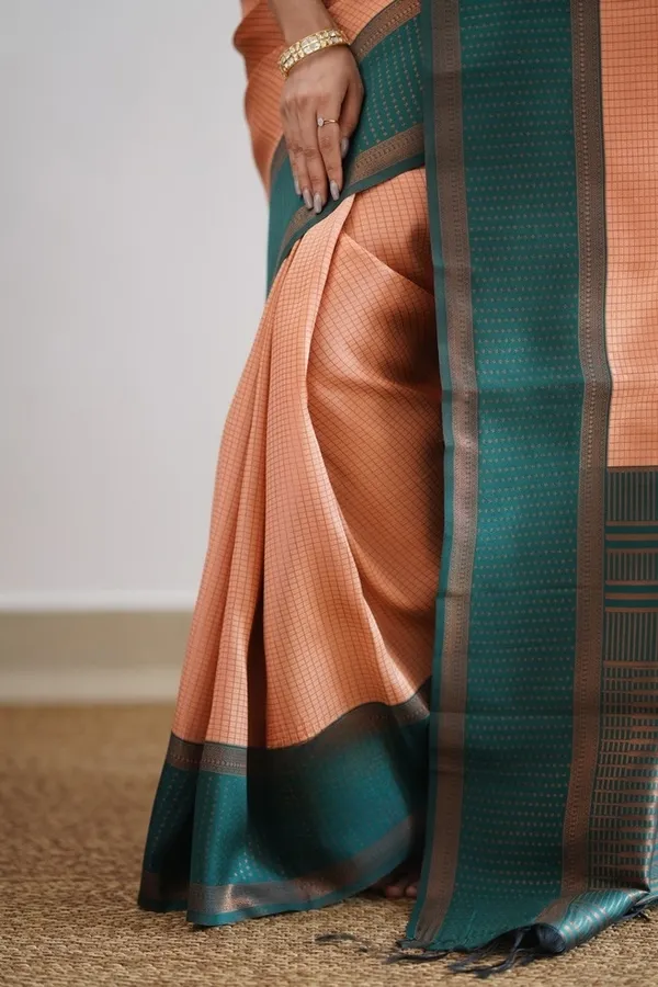 Banarasi_Soft_Silk_PEACH-BOTTLE-GREEN_Premium-Fancy_Saree_With_Blouse_For_Women