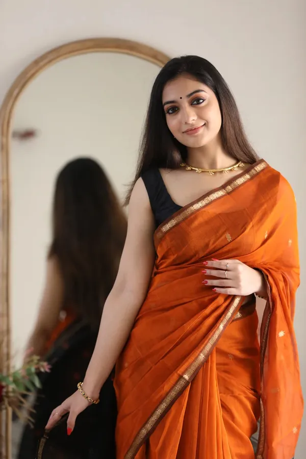 Pure_Soft_Cotton_Black_And_Orange_Premium-Fancy_Saree_With_Blouse_For_Women