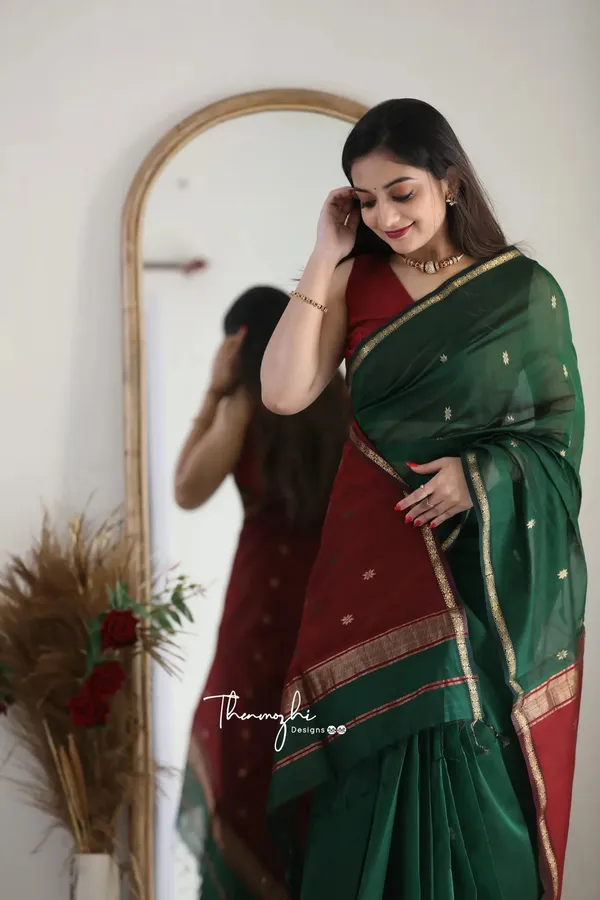 Pure_Soft_Cotton_Green_And_Red_Premium-Fancy_Saree_With_Blouse_For_Women
