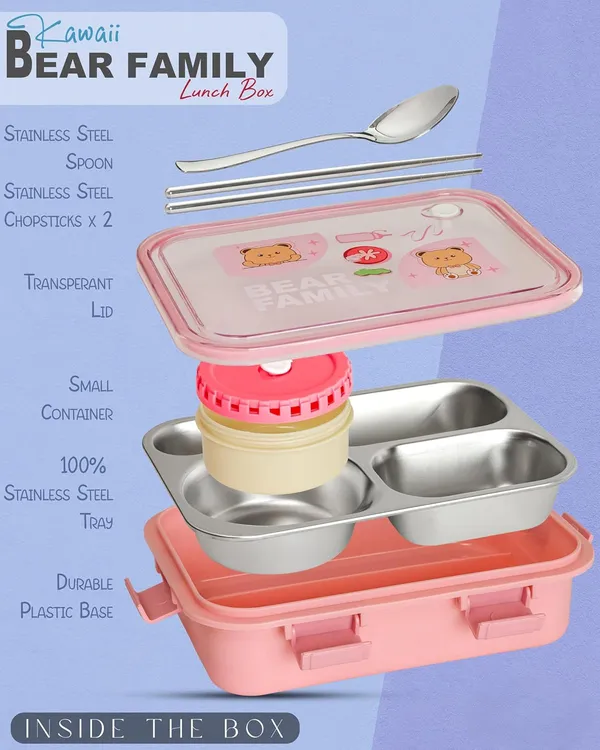 Pink_Bear_Family_Stainless_Steel_2_Compartment_And_1_Bowl_Lunch_Box_For_School_With_Chopsticks_Pair_And_Spoon