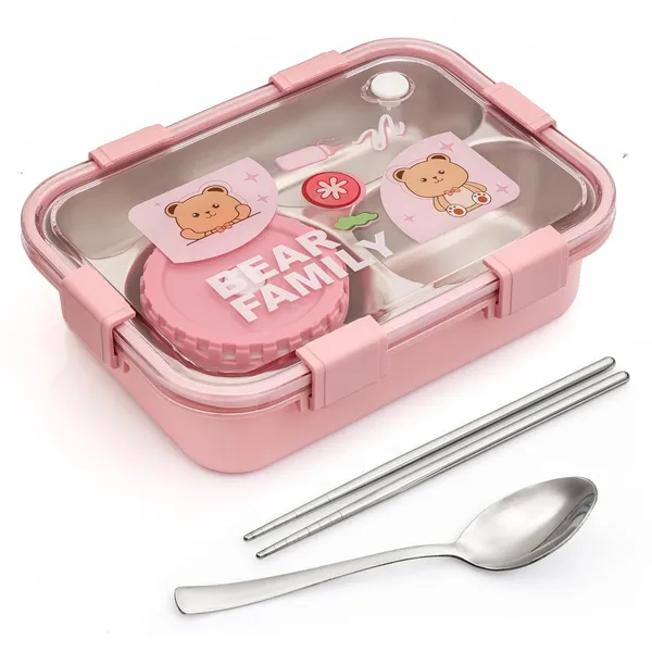 Pink_Bear_Family_Stainless_Steel_2_Compartment_And_1_Bowl_Lunch_Box_For_School_With_Chopsticks_Pair_And_Spoon