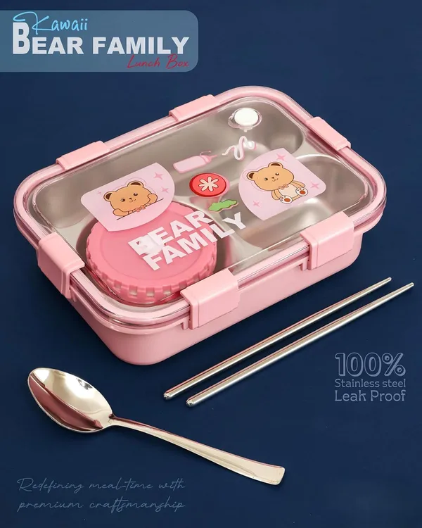 Pink_Bear_Family_Stainless_Steel_2_Compartment_And_1_Bowl_Lunch_Box_For_School_With_Chopsticks_Pair_And_Spoon