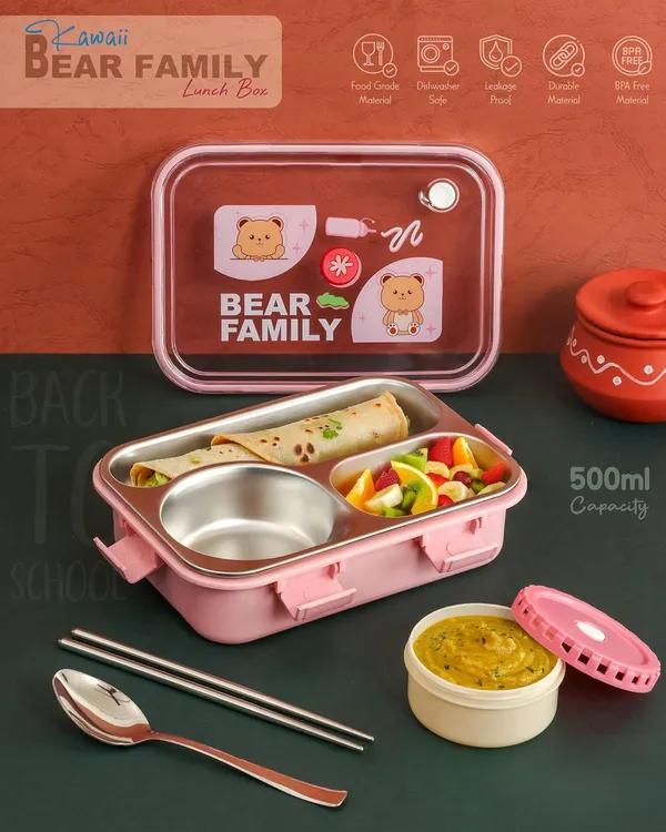 Pink_Bear_Family_Stainless_Steel_2_Compartment_And_1_Bowl_Lunch_Box_For_School_With_Chopsticks_Pair_And_Spoon