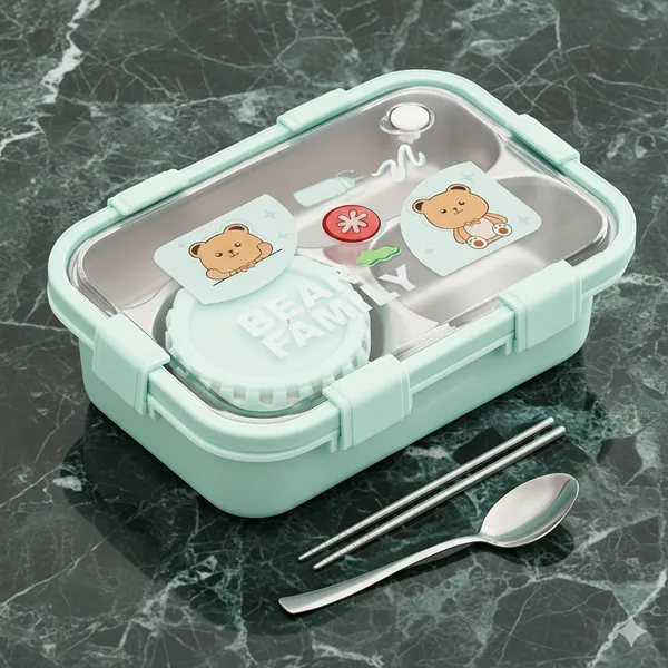 Ocean_Green_Bear_Family_Stainless_Steel_2_Compartment_And_1_Bowl_Lunch_Box_For_School_With_Chopsticks_Pair_And_Spoon