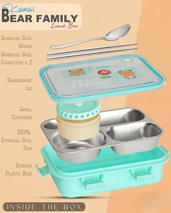 Ocean_Green_Bear_Family_Stainless_Steel_2_Compartment_And_1_Bowl_Lunch_Box_For_School_With_Chopsticks_Pair_And_Spoon
