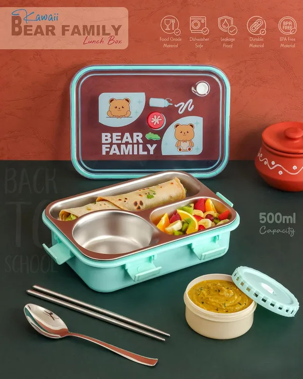 Ocean_Green_Bear_Family_Stainless_Steel_2_Compartment_And_1_Bowl_Lunch_Box_For_School_With_Chopsticks_Pair_And_Spoon