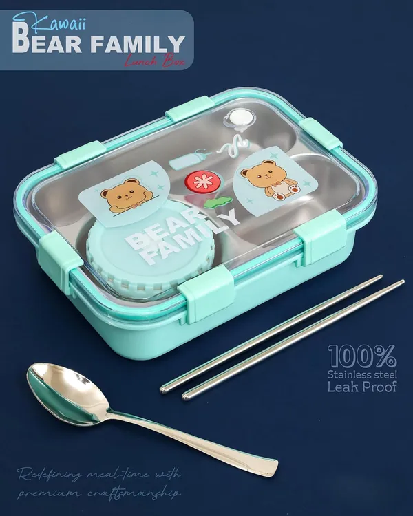Ocean_Green_Bear_Family_Stainless_Steel_2_Compartment_And_1_Bowl_Lunch_Box_For_School_With_Chopsticks_Pair_And_Spoon