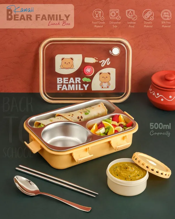 Yellow_Bear_Family_Stainless_Steel_2_Compartment_And_1_Bowl_Lunch_Box_For_School_With_Chopsticks_Pair_And_Spoon