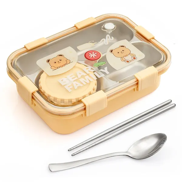 Yellow_Bear_Family_Stainless_Steel_2_Compartment_And_1_Bowl_Lunch_Box_For_School_With_Chopsticks_Pair_And_Spoon