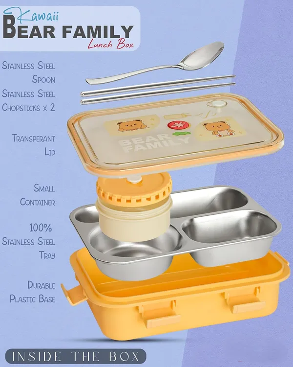 Yellow_Bear_Family_Stainless_Steel_2_Compartment_And_1_Bowl_Lunch_Box_For_School_With_Chopsticks_Pair_And_Spoon