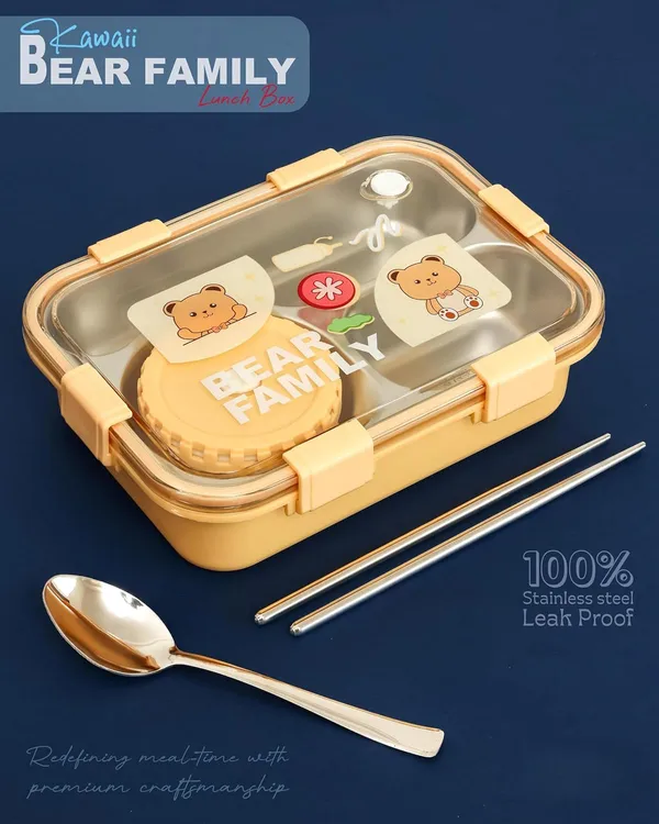 Yellow_Bear_Family_Stainless_Steel_2_Compartment_And_1_Bowl_Lunch_Box_For_School_With_Chopsticks_Pair_And_Spoon