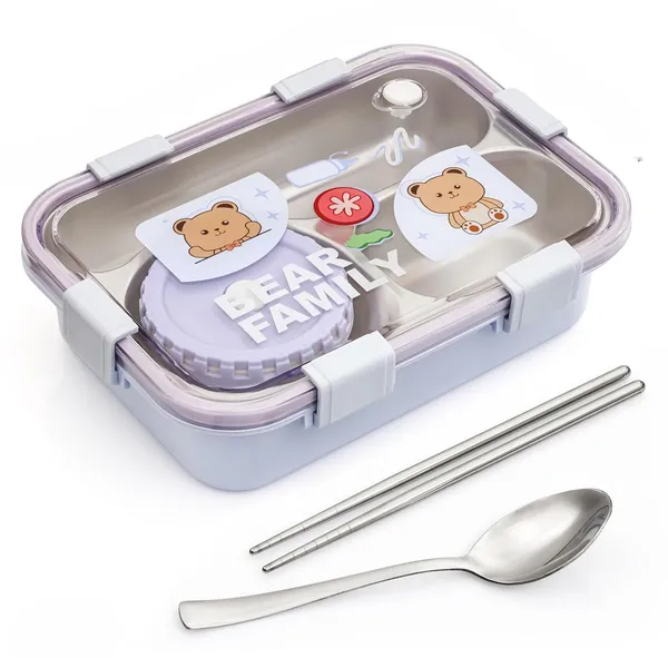 Lavender_Bear_Family_Stainless_Steel_2_Compartment_And_1_Bowl_Lunch_Box_For_Office_School_Travelling_With_Chopsticks_Pair_And_Spoon