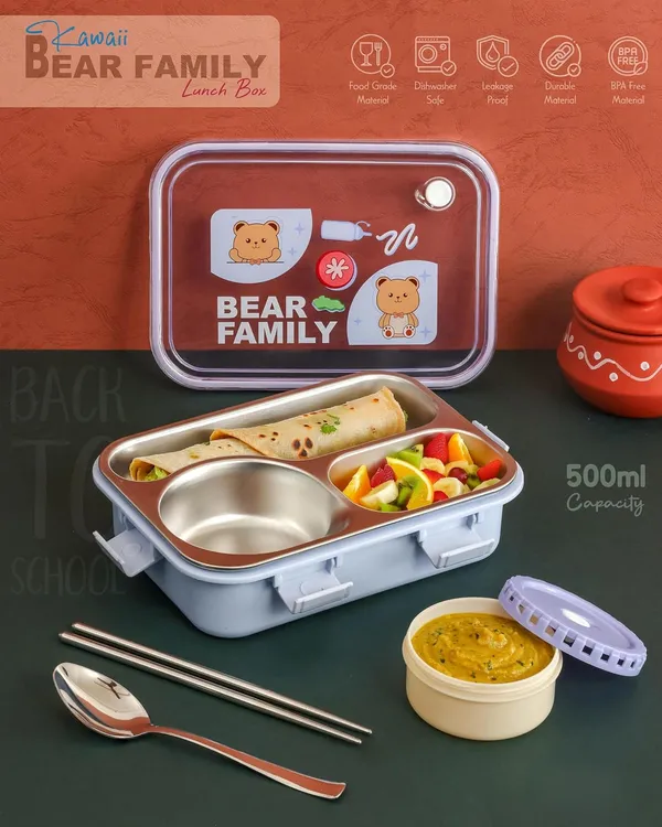 Lavender_Bear_Family_Stainless_Steel_2_Compartment_And_1_Bowl_Lunch_Box_For_Office_School_Travelling_With_Chopsticks_Pair_And_Spoon