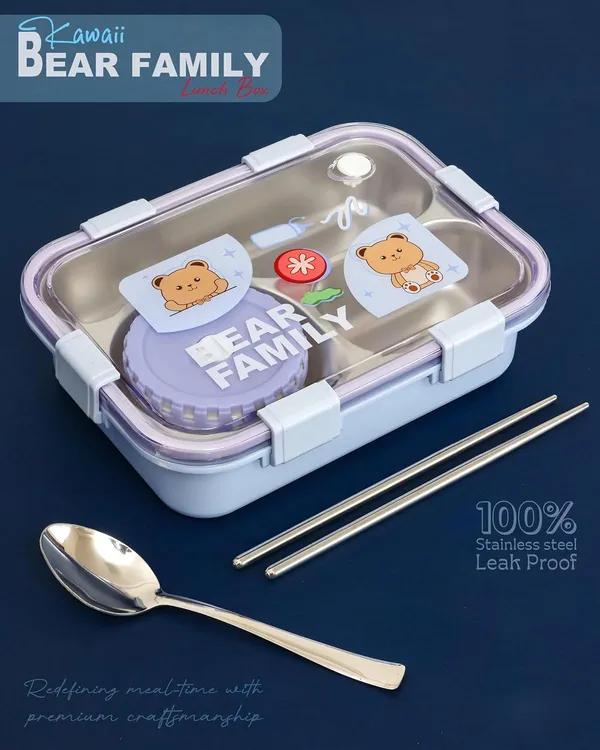 Lavender_Bear_Family_Stainless_Steel_2_Compartment_And_1_Bowl_Lunch_Box_For_Office_School_Travelling_With_Chopsticks_Pair_And_Spoon