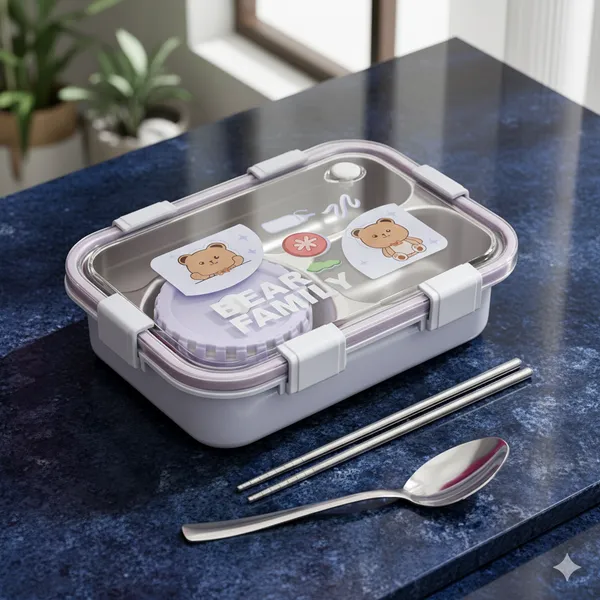 Lavender_Bear_Family_Stainless_Steel_2_Compartment_And_1_Bowl_Lunch_Box_For_Office_School_Travelling_With_Chopsticks_Pair_And_Spoon