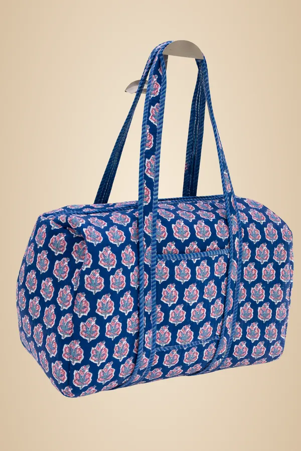 Navy_Blue_With_Pink_And_White_Leaf_Print_Duffle_Bag_For_Women