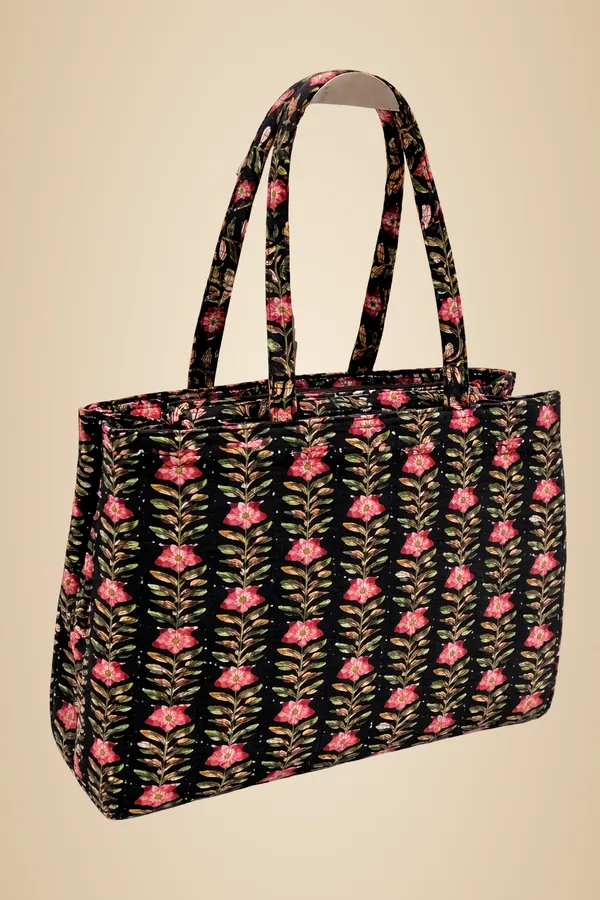 Black_With_Pink_And_Green_Floral_Print_Tote_Bag_For_Women