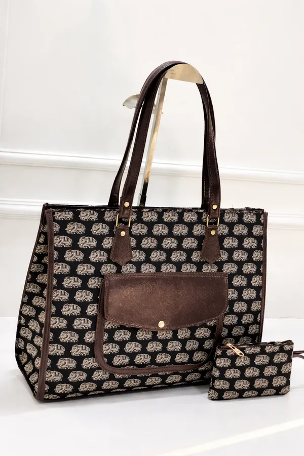 Black_With_Beige_Elephant_Print_Tote_Bag_With_Pouch_For_Women