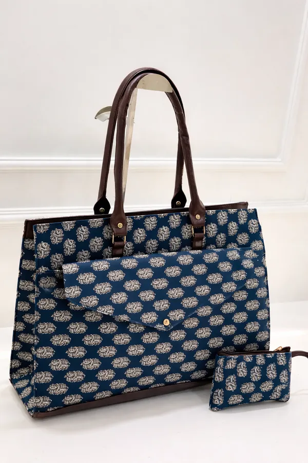 Navy_Blue_With_Beige_Elephant_Print_Tote_Bag_With_Pouch_For_Women