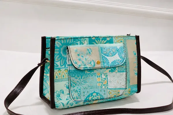 Turquoise_And_Beige_With_Multicolour_Patchwork_Print_Sling_Bag_For_Women
