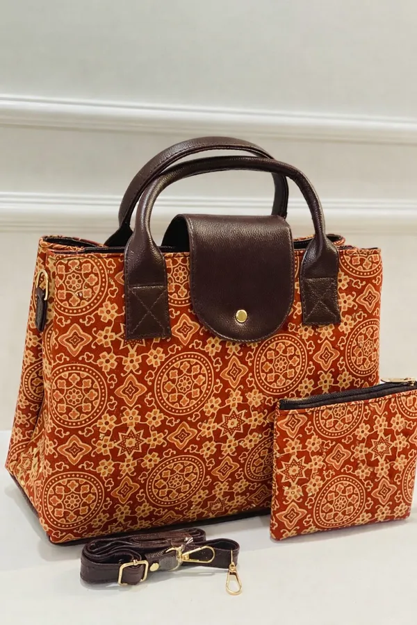 Rust_Brown_With_Beige_Geometric_Handbag_For_Women