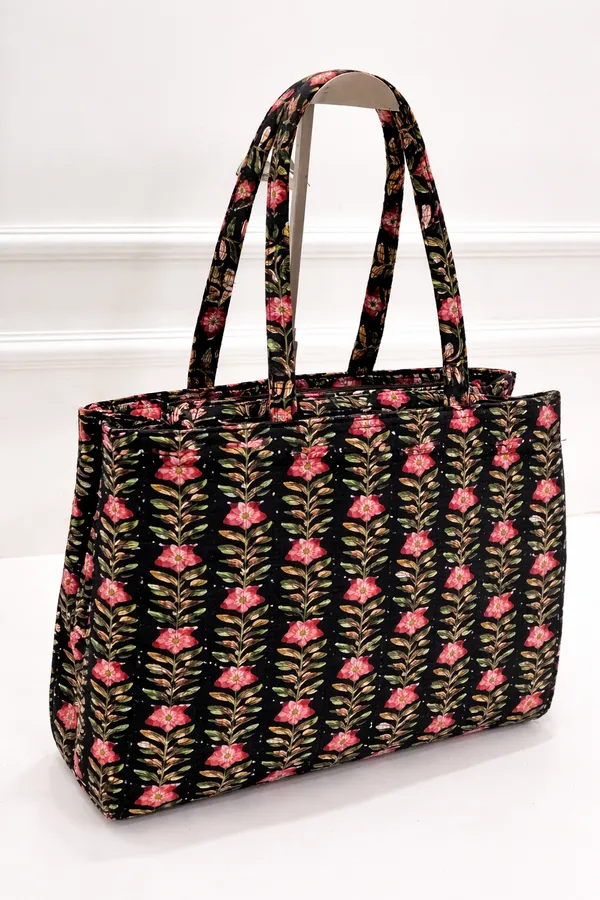 Black_With_Pink_And_Green_Floral_Print_Tote_Bag_For_Women