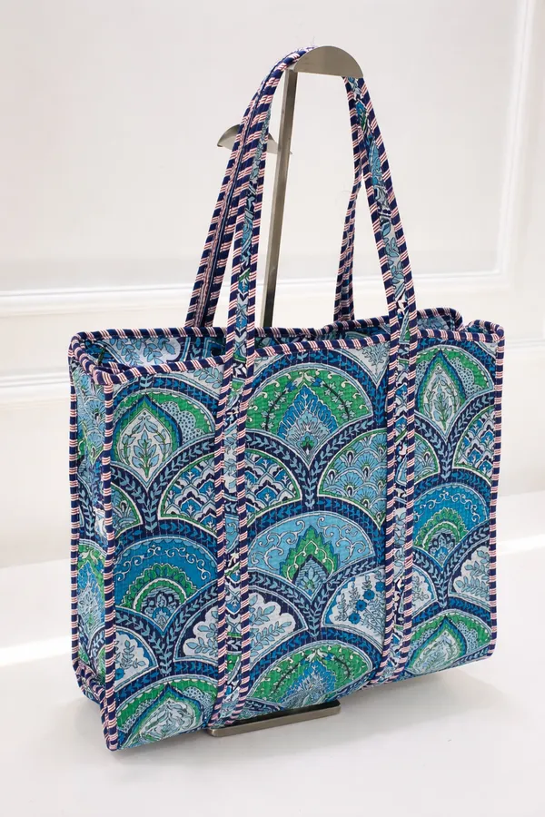 Blue_And_Green_With_Multicolour_Ethnic_Print_Tote_Bag_For_Women