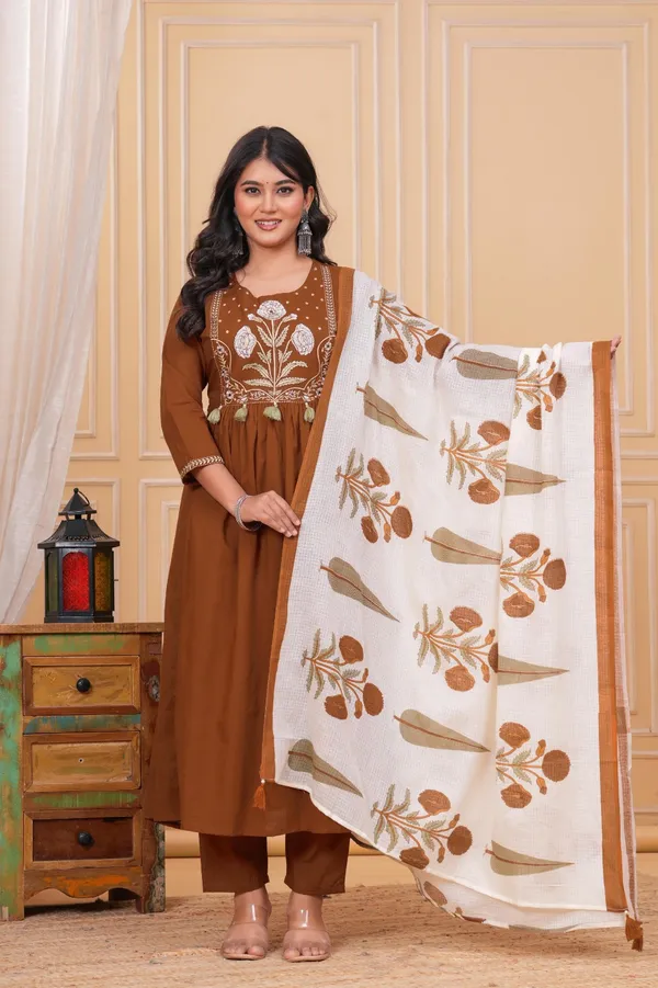 Mustard_Cotton_Printed_Kurti_With_Pant_And_Dupatta_Set_For_Women