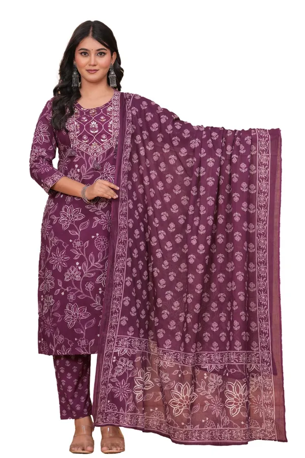 Purple_Cotton_Printed_Kurti_With_Pant_And_Dupatta_Set_For_Women