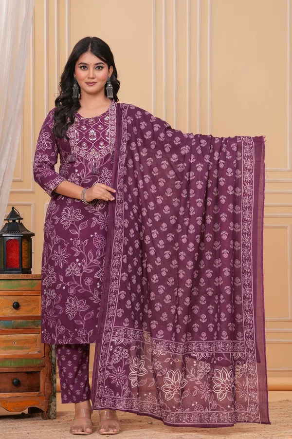 Purple_Cotton_Printed_Kurti_With_Pant_And_Dupatta_Set_For_Women