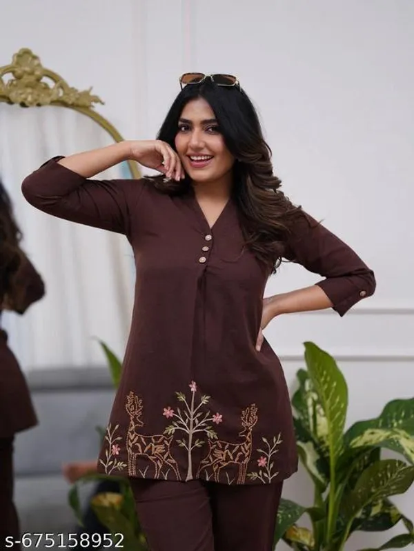 Brown_Rayon_Embroidery_Cord_Set_For_Women