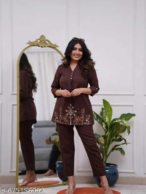 Brown_Rayon_Embroidery_Cord_Set_For_Women