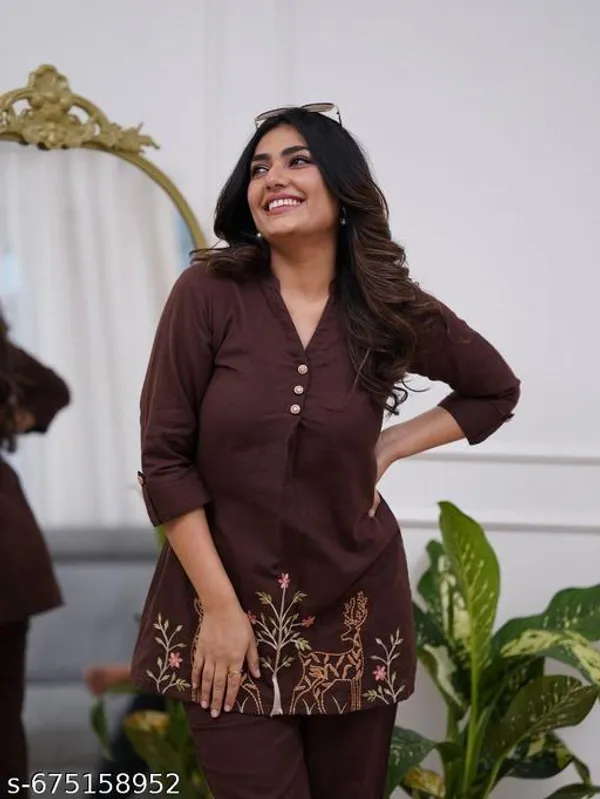 Brown_Rayon_Embroidery_Cord_Set_For_Women