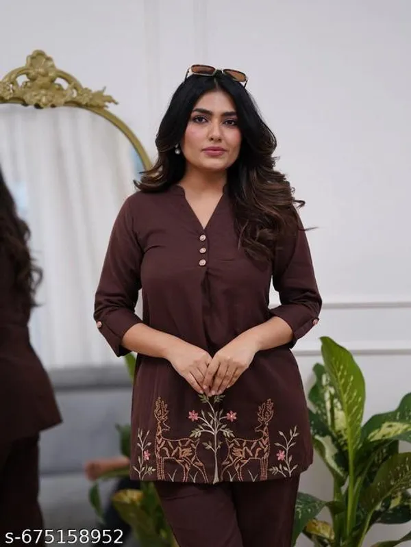 Brown_Rayon_Embroidery_Cord_Set_For_Women