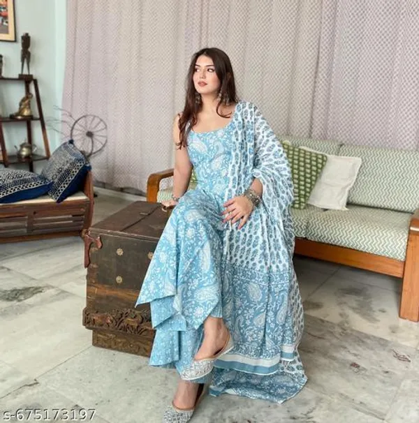 Sky_Blue_Rayon_Kurti_With_Pant_And_Dupatta_For_Women